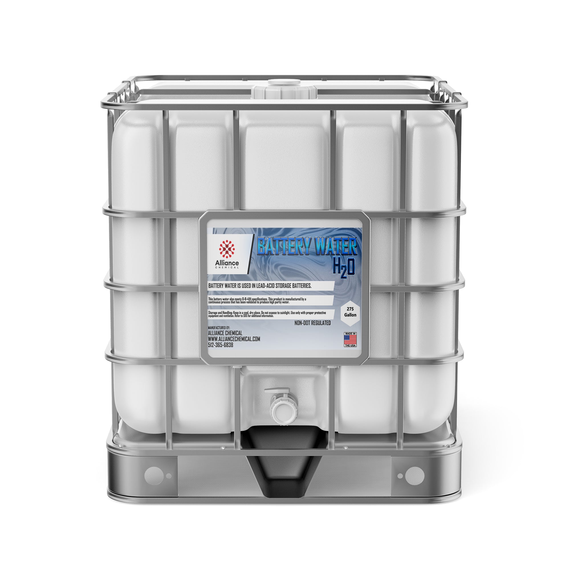 275-gallon IBC tote of industrial battery water (H2O) for lead-acid storage batteries, white container with metal cage, Alliance Chemical, Made in USA.